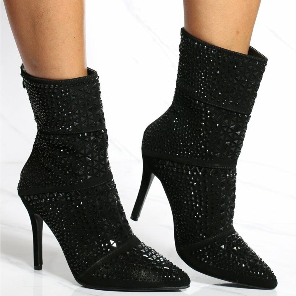 Black Rhinestone Heeled Boots with Stiletto